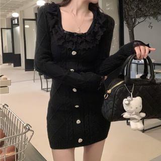 [F] Long-Sleeve Scoop Neck Plain Lace Trim Knit Mini Sheath Dress Black by monroll