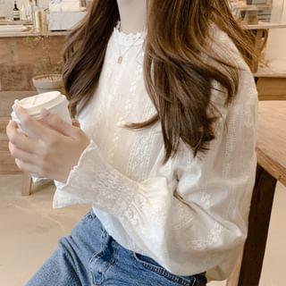 Puff-Sleeve Plain Lace Trim Blouse White by Maisee