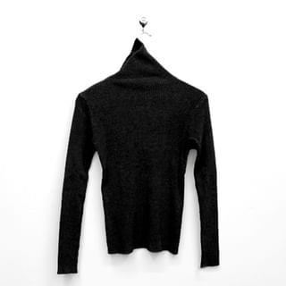 Long-Sleeve Turtleneck Plain Ribbed Slim Fit Knit Top Black by MIKIGA
