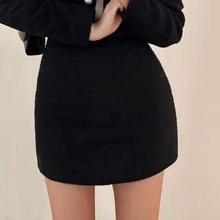 Tweed Faux Pearl Button-Up Jacket / High Waist Mini A-Line Skirt Skirt - Black by MIKIGA