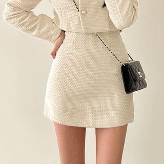 Tweed Faux Pearl Button-Up Jacket / High Waist Mini A-Line Skirt Skirt - Off-White by MIKIGA