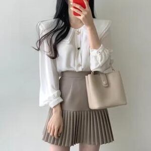 Long-Sleeve Plain Heart Button Blouse Skirt - Khaki 251320790