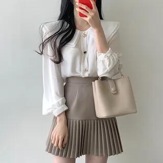 Long-Sleeve Plain Heart Button Blouse Blouse - White by Coris