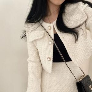 Tweed Faux Pearl Button-Up Jacket / High Waist Mini A-Line Skirt Jacket - Off-White 251320857