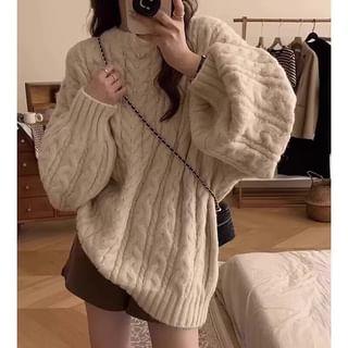 Crewneck Cable Knit Plain Sweater Off-White by Rosehedge