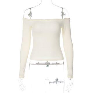 Long-Sleeve Off-Shoulder Plain Lace Trim Slim Fit Top Almond by Rosesand