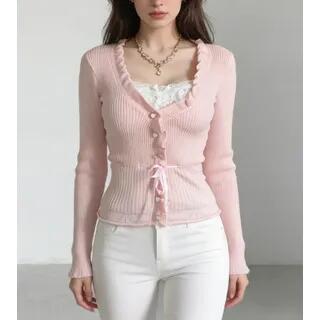 Long Sleeve Mock Two Piece Lace Panel Ruffled-Trim Slim-Fit Knit Top Pink by Sosana