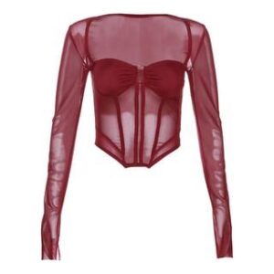 Long-Sleeve Plain Asymmetrical Mesh Bustier Top Red 251357834