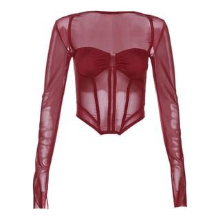 Long-Sleeve Plain Asymmetrical Mesh Bustier Top Red by Sugarcoat