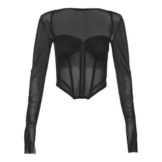 Long-Sleeve Plain Asymmetrical Mesh Bustier Top Black by Sugarcoat