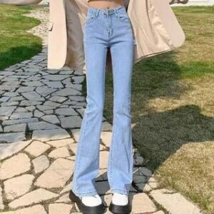 High Waist Washed Flared Jeans Light Blue 251455716