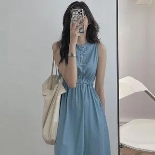 Sleeveless Crew Neck Plain Patch Pocket Midi A-Line Dress Blue by Happo