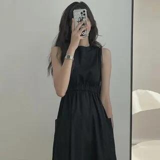Sleeveless Crew Neck Plain Patch Pocket Midi A-Line Dress Black by Happo