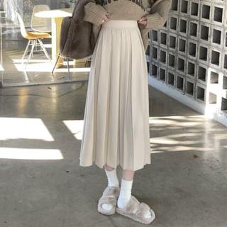High Waist Plain Accordion Pleated Midi A-Line Skirt Almond by Shinsei