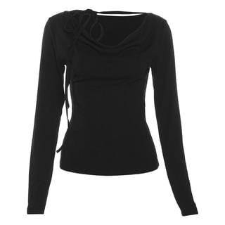Long-Sleeve Cowl Neck Plain Tie-Up Tee Black by Sugarcoat