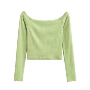 Long Sleeve Off-Shoulder Lace-Trim Plain Slim-Fit Crop Top Green 251456023