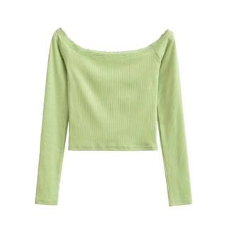 Long Sleeve Off-Shoulder Lace-Trim Plain Slim-Fit Crop Top Green by Asiris