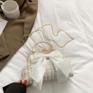 Tweed Bow Kiss Lock Top Handle Sling Bag White 251493603