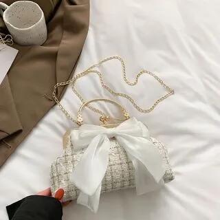 Tweed Bow Kiss Lock Top Handle Sling Bag White by Maorong