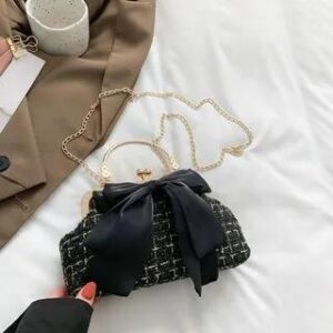Tweed Bow Kiss Lock Top Handle Sling Bag Black 251493604