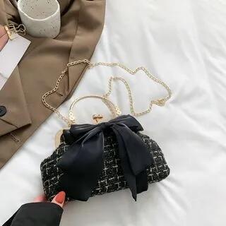 Tweed Bow Kiss Lock Top Handle Sling Bag Black by Maorong