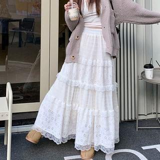 High Waist Plain Lace Panel Maxi A-Line Skirt Almond by Allinya