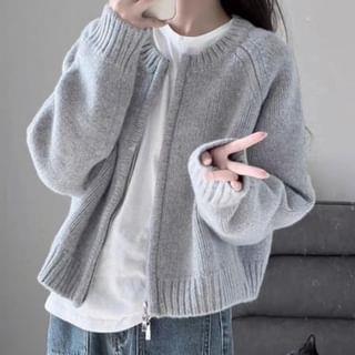 Round Neck Plain Zip Cardigan Gray by PINPI