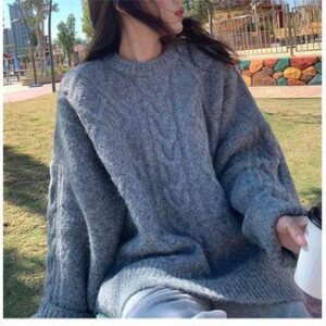 Long-Sleeve Crew Neck Plain Cable Knit Sweater Gray 254355370