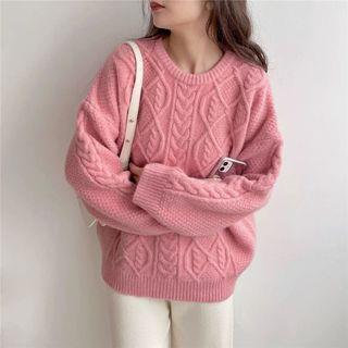 Long-Sleeve Crew Neck Plain Cable Knit Sweater Pink by PINPI