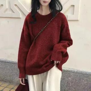 Crew Neck Plain Sweater Wine Red by Ukiyo