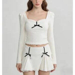 Long Sleeve Square-Neck Lace-Trim Bow Accent Crop Top / Low Waist Mini A-Line Skirt Top 254355401