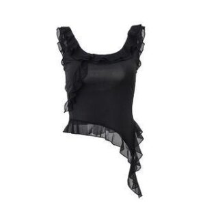 Scoop Neck Plain Ruffle Trim Asymmetrical Crop Tank Top Black 254355454