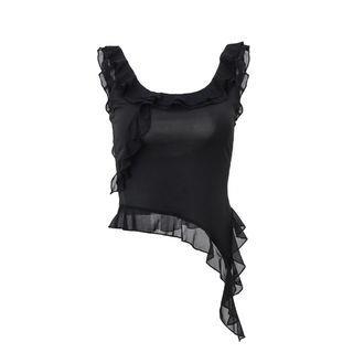 Scoop Neck Plain Ruffle Trim Asymmetrical Crop Tank Top Black by BrickBlack