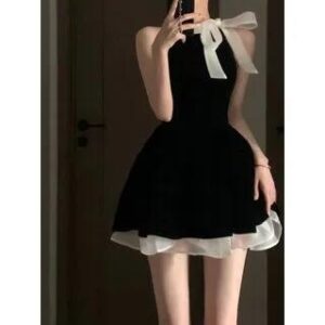 Sleeveless Crew Neck Two Tone Tie-Up Panel Mini A-Line Dress Black 254526028