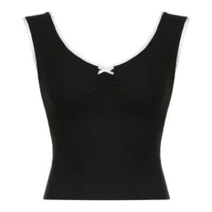 black and white scoop-neck fitted sleeveless tops with tiny front bow
