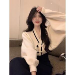 V-Neck Two Tone Crop Frog Button Cardigan / Sleeveless Square Neck Plain Midi A-Line Dress Cardigan - Almond 254754974