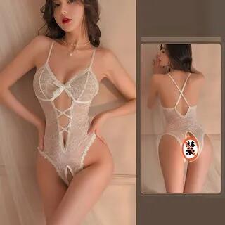 Plain Lace Crotchless Teddy White by Candyiry