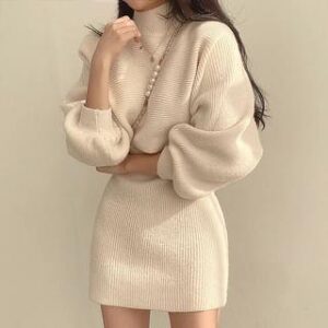 Set: Balloon Sleeve Mock Neck Plain Ribbed Sweater + Sleeveless Crew Neck Knit Mini A-Line Dress Set of 2 - Sweater & Dress - Almond 254755128