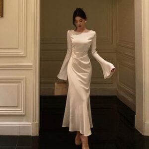Bell Sleeve Boat Neck Plain Ruched Satin Maxi Mermaid Dress Off-White 254755179