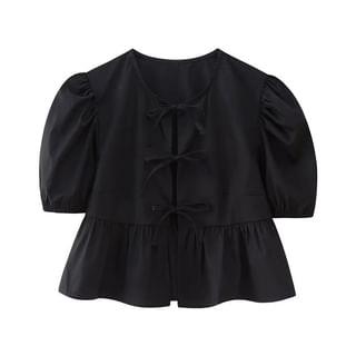 Short-Sleeve Plain Peplum Tie Front Blouse Black by Sosana