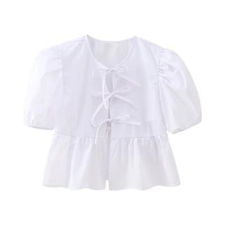 Short-Sleeve Plain Peplum Tie Front Blouse White by Sosana