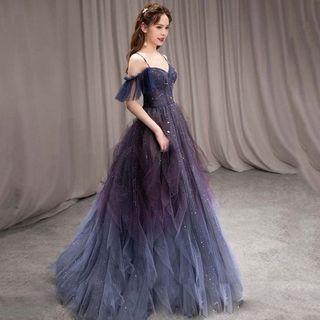 Cold Shoulder Mesh Glitter A-Line Evening Gown Purple Blue by MSSBridal