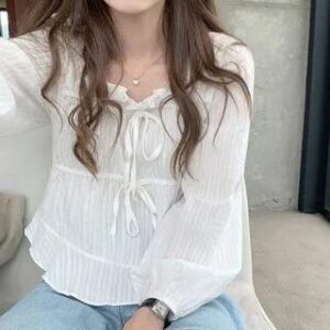 Ruffle Trim Square-Neck Long-Sleeve Blouse Black 258802886