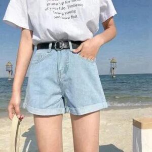 Mid Waist Roll Up Hem Denim Shorts Light Blue 258805381