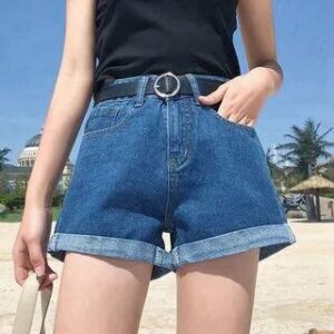 Mid Waist Roll Up Hem Denim Shorts Dark Blue 258805382
