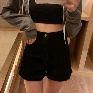 Mid Waist Roll Up Hem Denim Shorts Black by Denimot