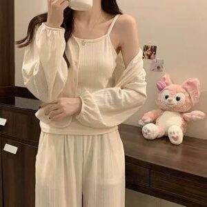 Pajama Set: Plain Camisole Top + Light Jacket + Pants Set - 838 - Plain - Almond 258805615