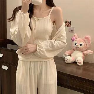 Pajama Set: Plain Camisole Top + Light Jacket + Pants Set - 838 - Plain - Almond by Siensien
