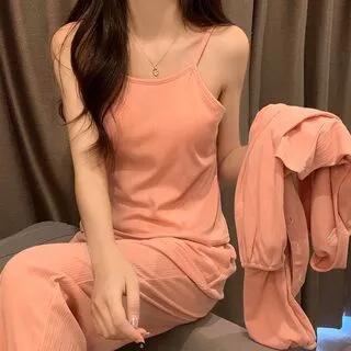 Pajama Set: Plain Camisole Top + Light Jacket + Pants Set - 838 - Plain - Light Pink by Siensien