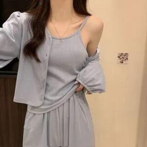 Pajama Set: Plain Camisole Top + Light Jacket + Pants Set - 838 - Plain - Blue 258805617